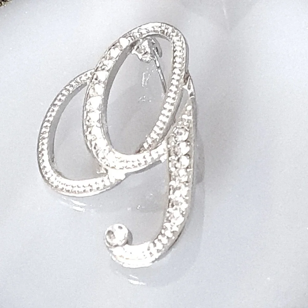 Silver Crystal Script Letter G Brooch Pin 2